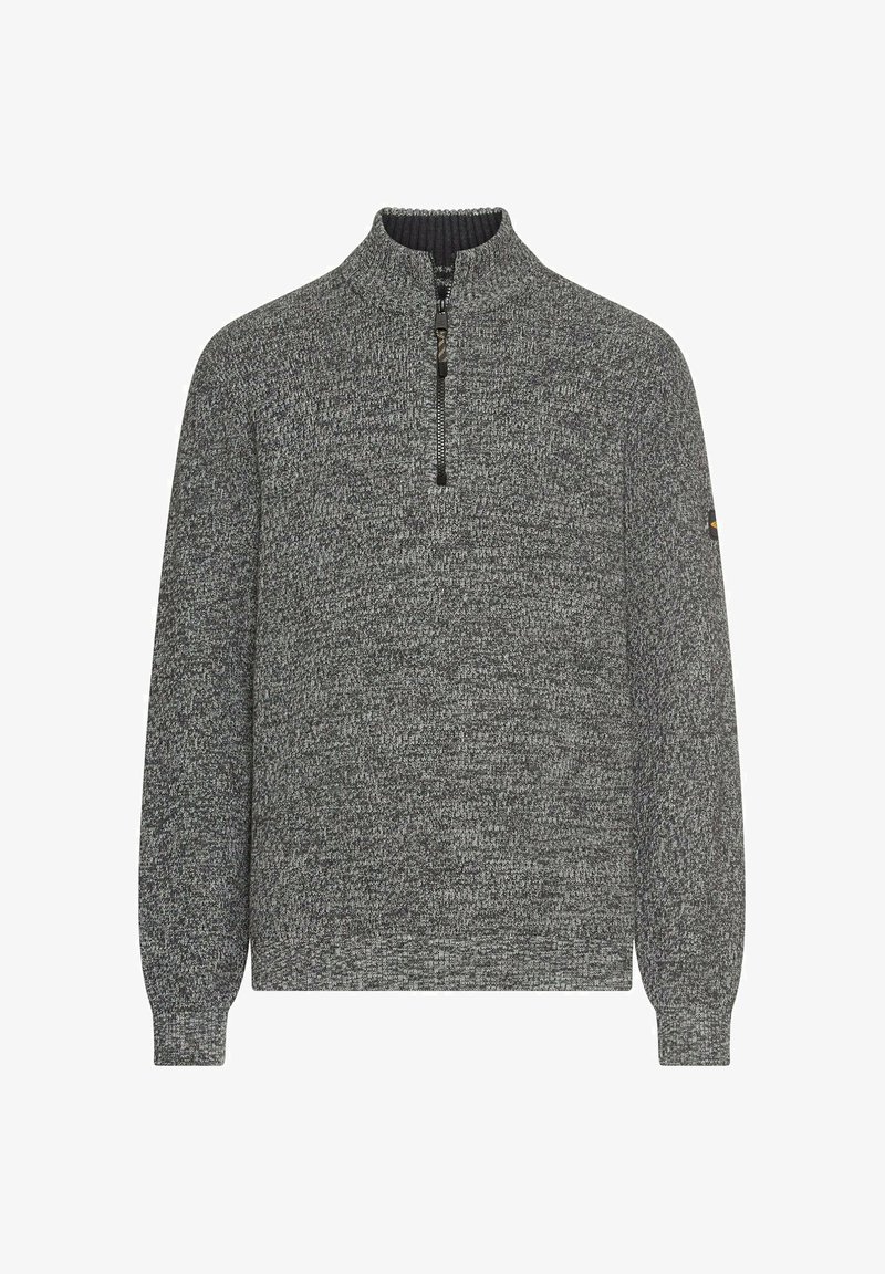 Pull à col montant zippé en tricot gris, avec un motif texturé et des poignets côtelés. Comprend un petit logo sur la manche.
