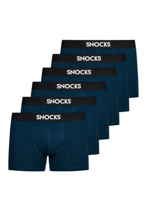 Sei paia di boxer blu scuro con un elastico nero recante il marchio "SNOCKS" in lettere bianche. Tessuto morbido ed elastico.