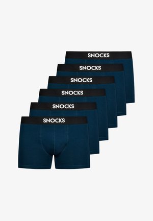 Seks par mørke teal boxer shorts med en sort talje, der har mærket "SNOCKS" i hvid skrift. Blødt, strækbart stof.