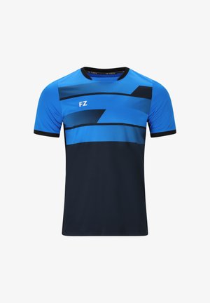 Blå og marineblå sportstrøje, kortærmet, rund hals, med horisontale striber og et logo på brystet. Lavet af letvægtsstof.
