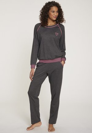 Grey pajama set featuring long sleeves and pants. The top has a pink collar and heart detail; pants have striped cuffs and pockets.