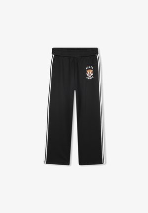 Zwarte sportieve broek met een elastische tailleband, voorzien van witte zijstrepen en een geborduurd tijgerlogo met de tekst "KENZO PARIS".