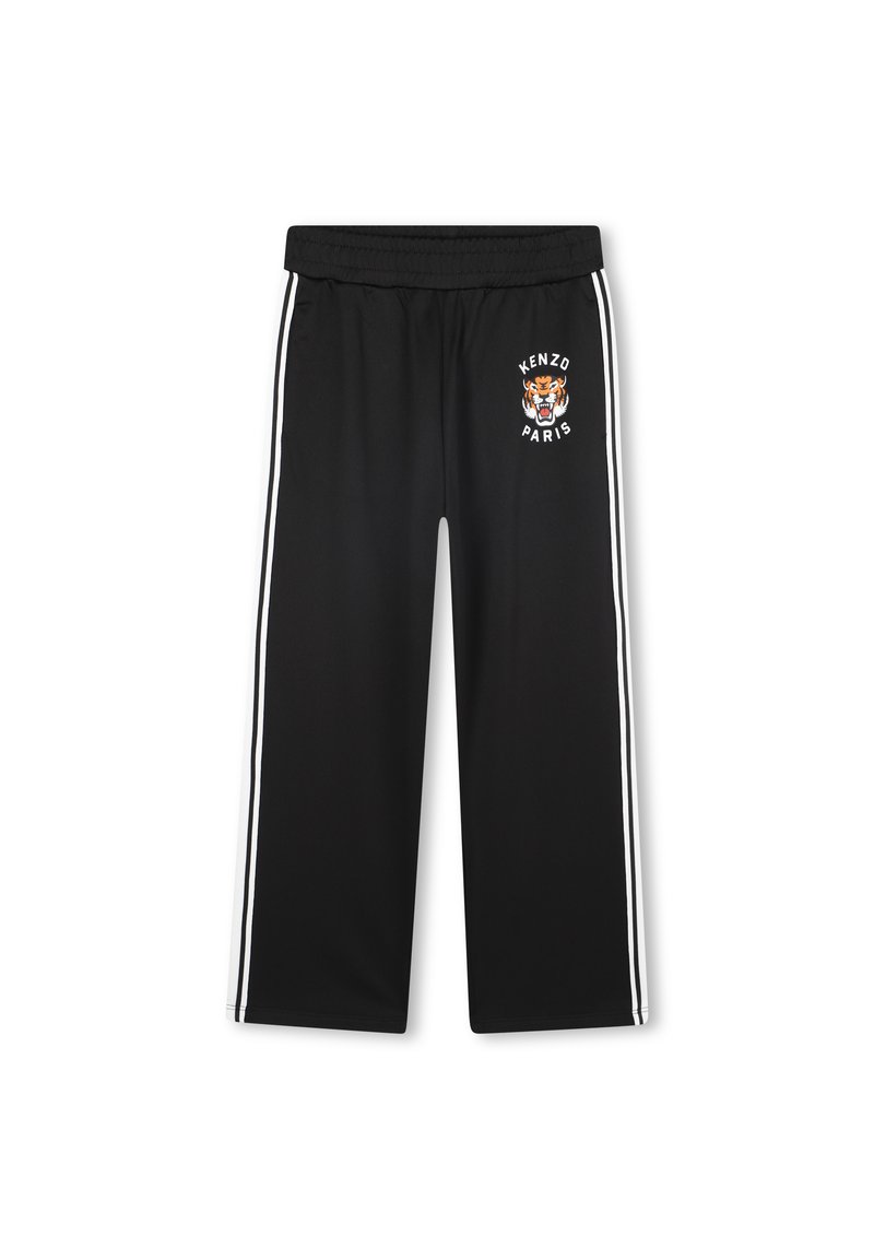 Czarne spodnie sportowe z elastycznym paskiem w talii, z białymi paskami po bokach oraz haftowanym logo tygrysa z napisem "KENZO PARIS".