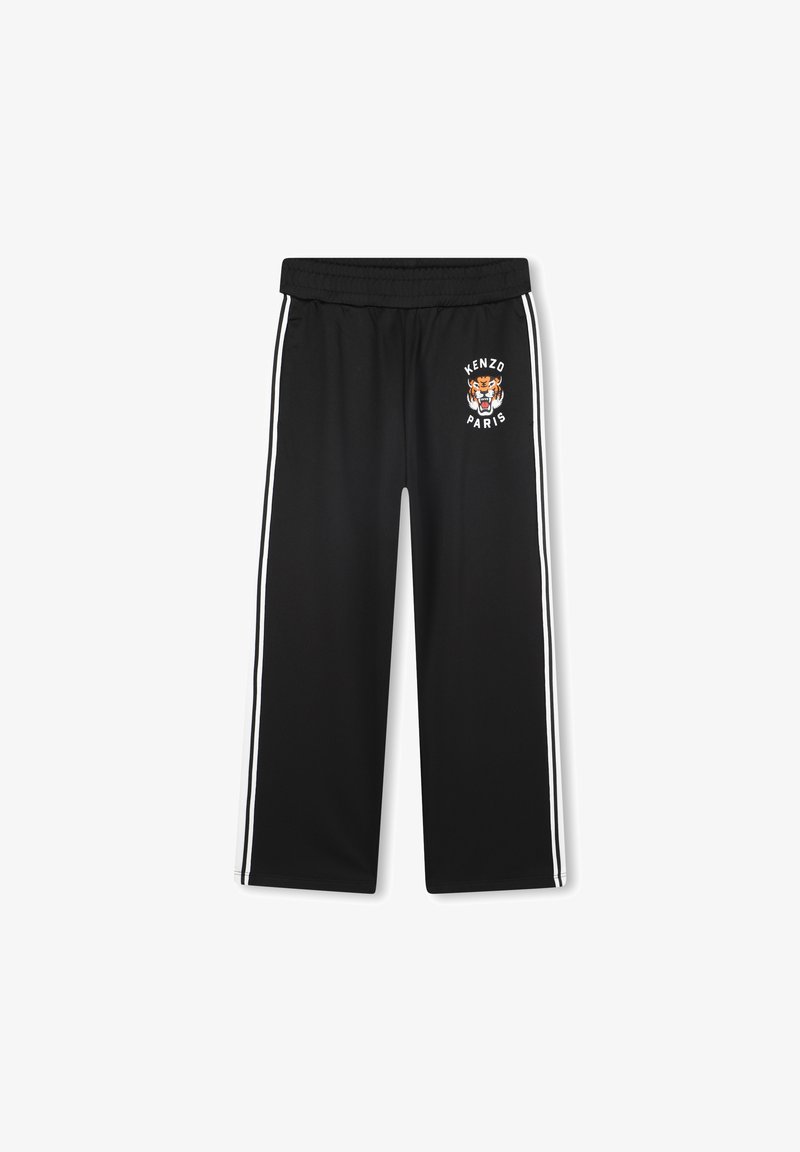 Czarne spodnie sportowe z elastycznym paskiem w talii, z białymi paskami po bokach oraz haftowanym logo tygrysa z napisem "KENZO PARIS".