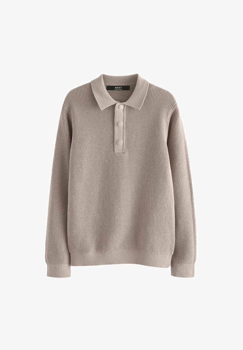 Beżowy sweter dziany z kołnierzykiem polo, trzema guzikami z przodu i długimi rękawami. Teksturalny materiał oraz ściągacze przy rękawach i u dołu.