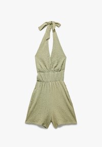 Groene textuur romper met een halternek, een aansluitende taille en brede shorts; heeft een smockontwerp en een verstelbare strik bij de halslijn.
