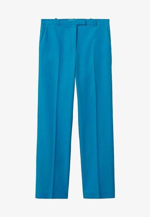 Pantalon turquoise vif avec une coupe droite, doté de deux poches avant et de peu de matériel. Fabriqué en tissu lisse.