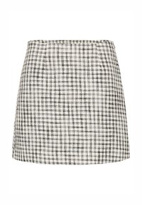 Tweed mini suknja s crno-bijelim kariranim uzorkom, strukturnog kroja i teksturirane površine. Visoki struk.