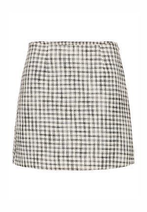 Tweed Minirock mit einem schwarz-weißen Karomuster, strukturiertem Schnitt und texturierter Oberfläche. Hohe Taille.