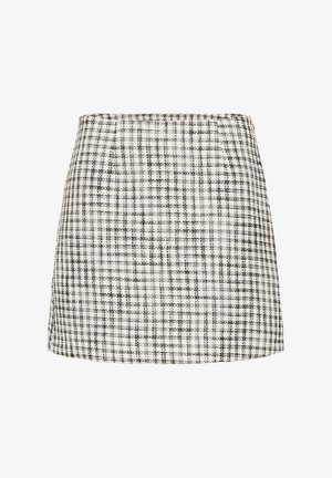 Tweed Minirock mit einem schwarz-weißen Karomuster, strukturiertem Schnitt und texturierter Oberfläche. Hohe Taille.