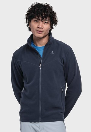 Navy blue fleece jacket with a high collar, full zip front, and two side pockets. Features a diagonal seam design and a logo on the chest.