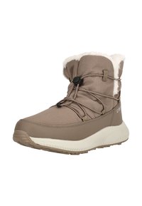 Beige vandtæt støvle med en blød hvid fleece-krave, elastiske snørebånd og en tekstureret gummisål for godt greb og stabilitet.