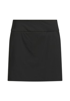 Czarna spódnica do kolan z szerokim paskiem w talii i subtelnymi kieszeniami w szwach bocznych, wykonana z gładkiego materiału.