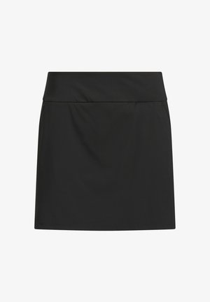Czarna spódnica do kolan z szerokim paskiem w talii i subtelnymi kieszeniami w szwach bocznych, wykonana z gładkiego materiału.