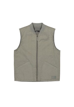 Mouwloos lichtgrijs vest met ritssluiting, geribde kraag, twee schuine zakken aan de voorkant en een klein stoffen labeltje vlak bij de zoom aan de voorkant.