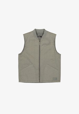 Ärmellose hellgraue Reißverschlussweste mit geripptem Kragen, zwei vorderen schrägen Taschen und einem kleinen Stoffpatch nahe dem Saum vorne.