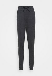Pantalones jogger ajustados en gris oscuro con cintura elástica y cordón, bolsillos laterales y tobillos ajustados.