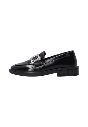 Black patent leather loafers with a silver buckle accent, slightly elevated black rubber sole, and smooth, shiny finish.