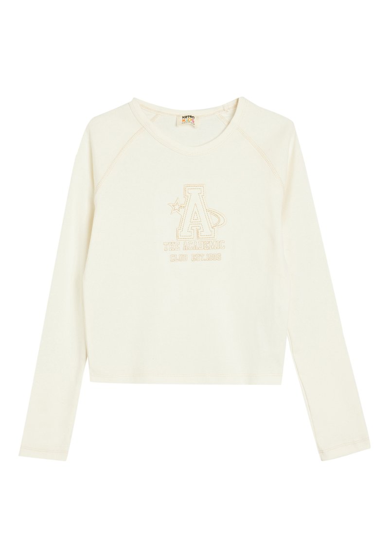 Långärmad krämfärgad sweatshirt med rund halsringning, med en upphöjd beige logotypdesign och subtila sömdetaljer.