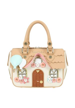 Borsa beige progettata come una casa con porta marrone, tetto smerlato, due finestre, fiori colorati e decorazioni con palloncini pastello.