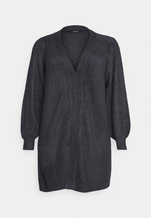 Tmavě šedý cardigan s výstřihem do V, dlouhými nabíranými rukávy a volným střihem. Pletená textura s jemným leskem a otevřeným designem vpředu.
