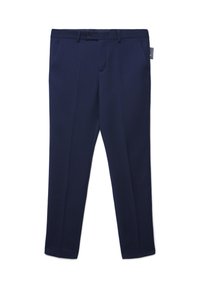 Dunkelblaue maßgeschneiderte Hose aus strukturiertem Stoff, mit einem Reißverschluss und Knopfverschluss vorne, seitlichen Taschen und einem geraden Bein-Design.