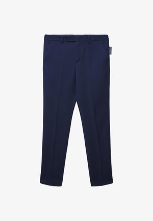 Pantalons ajustés bleu marine fabriqués en tissu texturé, avec une fermeture éclair et un bouton à l'avant, des poches latérales et une coupe droite.