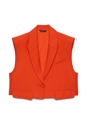 Heller orangefarbener ärmelloser Blazer mit breitem Revers, Ein-Knopf-Verschluss und drei aufgesetzten Fronttaschen, flach auf weißem Hintergrund liegend.