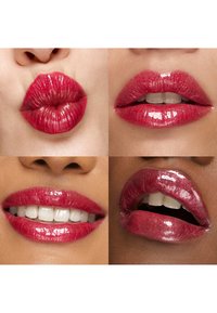 Four close-up shots of lips with red glossy lipstick showing different expressions and skin tones.