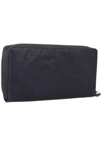 Leather wallet in dark navy blue, featuring a zip closure, smooth texture, rectangular shape, and subtle stitch detailing along the edges.