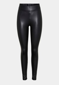 Svart fusk läderleggings med hög midja, slät yta, figurnära form och blanka finish. Ingen synlig hårdvara eller mönster.