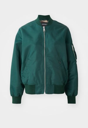 Veste bomber vert foncé en tissu lisse. Présente une fermeture éclair avant, des poignets côtelés et une poche latérale avec fermeture éclair.