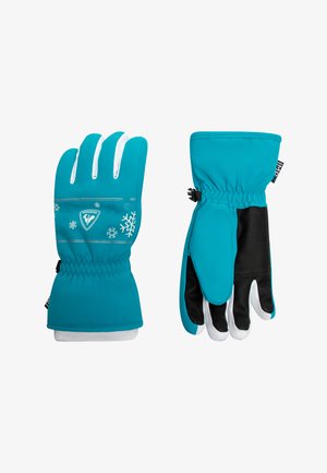 Guanti invernali color teal con accenti bianchi, motivi a fiocco di neve, polsini elastici e un palmo nero texturizzato per una presa sicura.