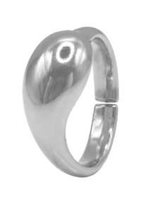 Anello d'argento con un design liscio e curvo, caratterizzato da una finitura lucida e una sezione aperta. Forma ovale, superficie riflettente, banda senza cuciture.