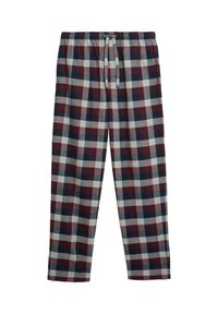 Pantaloni da pigiama a quadri in bordeaux, blu navy, grigio e bianco. Presentano una vita elasticizzata con cordino. Tessuto morbido con vestibilità ampia.