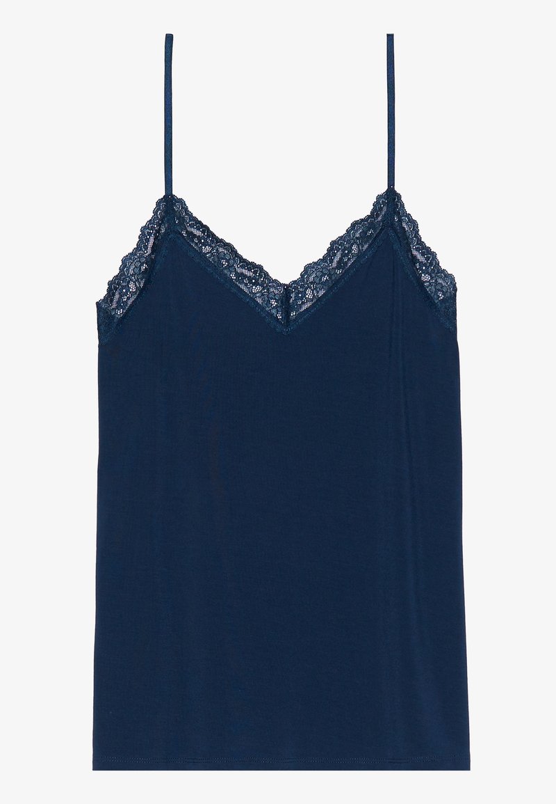 Camisole bleu marine avec bretelles réglables et une dentelle au niveau de l'encolure. Tissu doux et lisse avec un design à coupe droite.