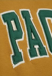 Gelber Stoff mit grünen, gestickten Buchstaben, die "PAC" bilden. Die Buchstaben haben ein strukturiertes, erhabenes Aussehen mit weißer Umrandungsnaht.