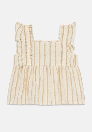 Cream and beige striped sleeveless toddler top with ruffled straps and gathered waist detail on a white background.