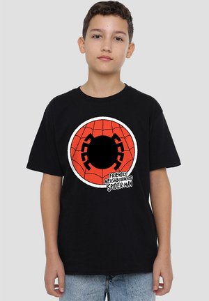 Black t-shirt featuring a red spider web design with a central spider icon and text reading "Friendly Neighborhood Spider-Man." Short sleeves, cotton fabric.