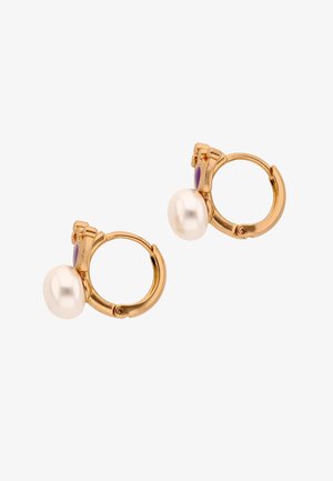 Cercei rotunzi din aur cu o perlă albă unică și o piatră prețioasă mică mov pe fiecare închizătoare, prezentați pe un fundal alb.