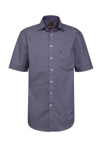 Camicia a maniche corte con bottoni di colore blu navy, caratterizzata da un motivo geometrico bianco, con taschino sul petto e colletto classico. Realizzata in tessuto.