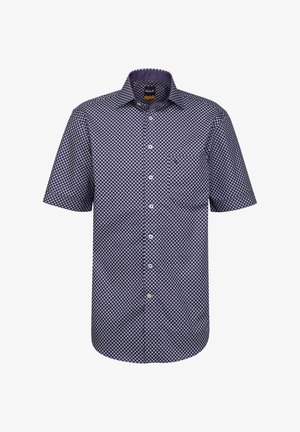 Kurzarm-Hemd mit Knopfleiste in Marineblau mit einem weißen geometrischen Muster, ausgestattet mit einer Brusttasche und einem klassischen Kragen. Hergestellt aus Textilstoff.