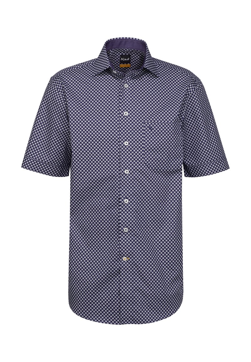 Camicia a maniche corte con bottoni di colore blu navy, caratterizzata da un motivo geometrico bianco, con taschino sul petto e colletto classico. Realizzata in tessuto.