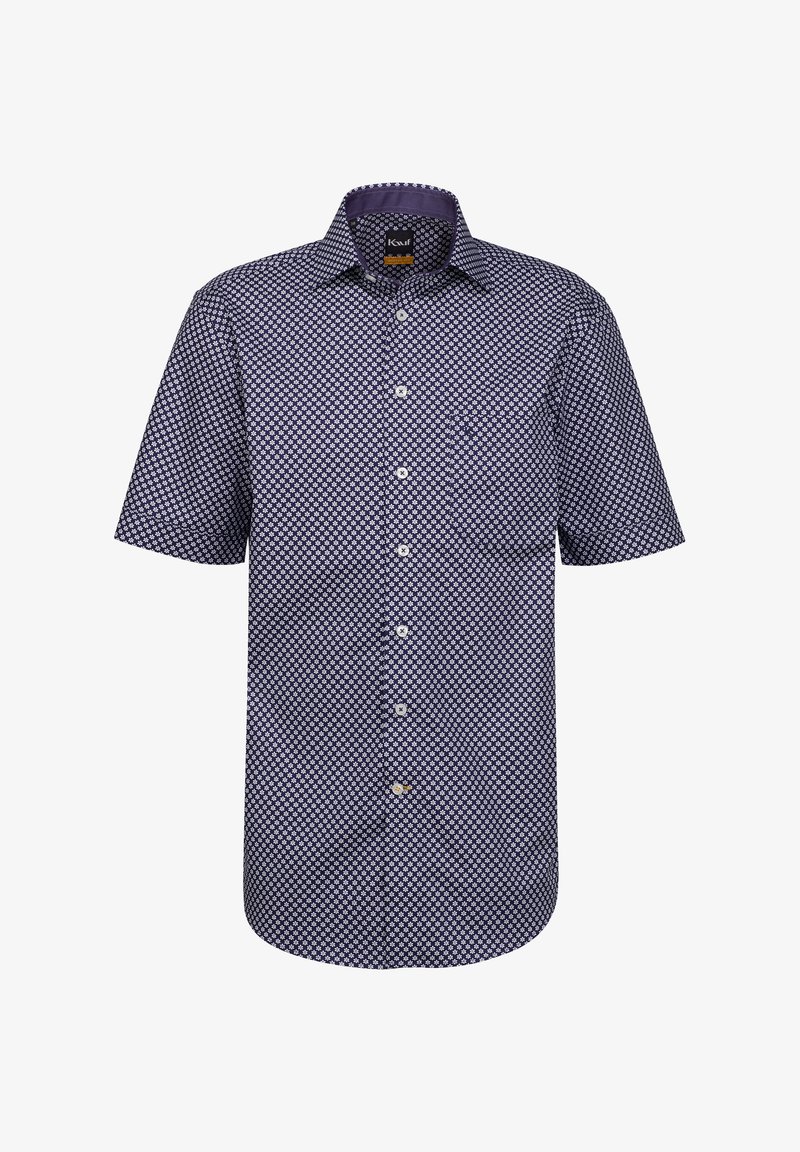 Camicia a maniche corte con bottoni di colore blu navy, caratterizzata da un motivo geometrico bianco, con taschino sul petto e colletto classico. Realizzata in tessuto.