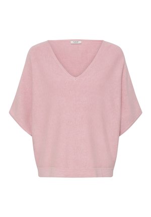 Haut rose en maille avec un col en V et des manches courtes larges. Le tissu a une texture douce, et l'ourlet est fini avec un subtil détail côtelé.