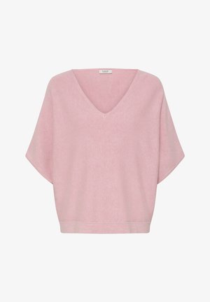 Rosa gestricktes Oberteil mit V-Ausschnitt und kurzen, weiten Ärmeln. Der Stoff hat eine weiche Textur, und der Saum ist mit einem dezenten Rippenmuster versehen.