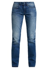 Blauwe spijkerbroek met een rechte pasvorm, voorzien van een vervaagd uiterlijk, gescheurde patronen, vijf zakken en een metalen knoopsluiting.