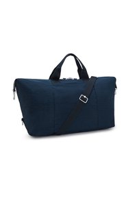 Sac de sport bleu marine en tissu durable, avec des poignées courtes, une bandoulière amovible et des compartiments zippés pour un rangement sécurisé.