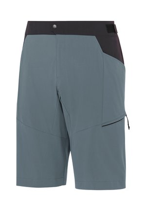 Heren korte broek in lichtblauw-grijze stof met een zwarte tailleband. Voorzien van zijzakken, een ritszak en een gestructureerd ontwerp.