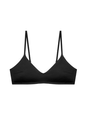 Soutien-gorge noir avec fines bretelles réglables et encolure en V, fabriqué en tissu lisse et extensible.